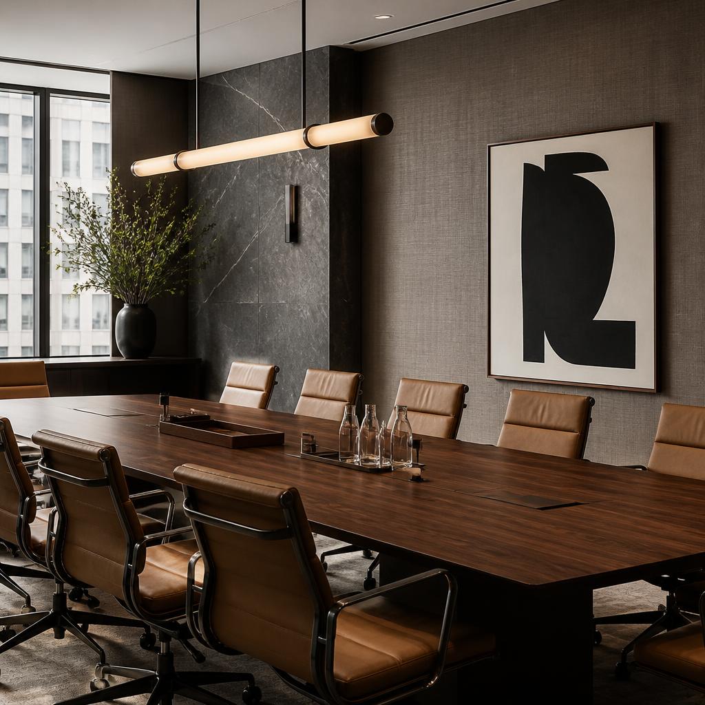 Textured grey wallcovering on a boardroom wall behind a walnut conference table, leather chairs and a large abstract artwork
