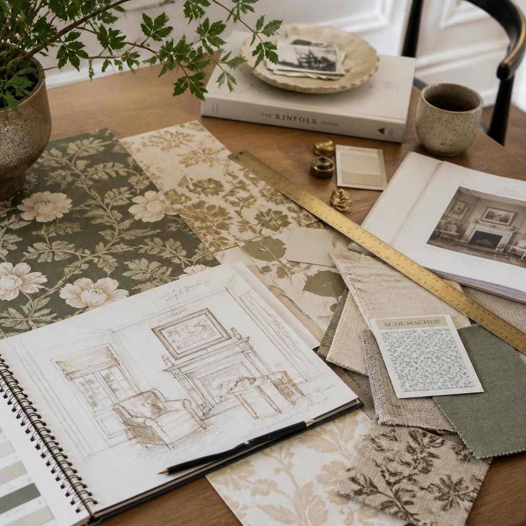 Designer's worktable with floral wallpaper samples, fabric swatches, a ruler, colour chips and a hand-drawn interior sketch