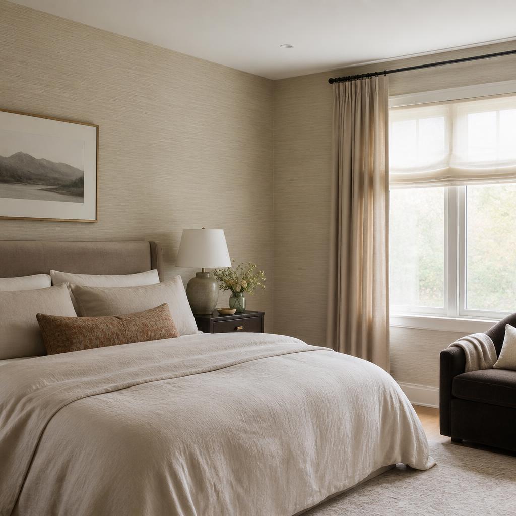 Neutral grasscloth wallcovering installed in a sunlit bedroom with a linen upholstered bed, framed landscape print and drapery